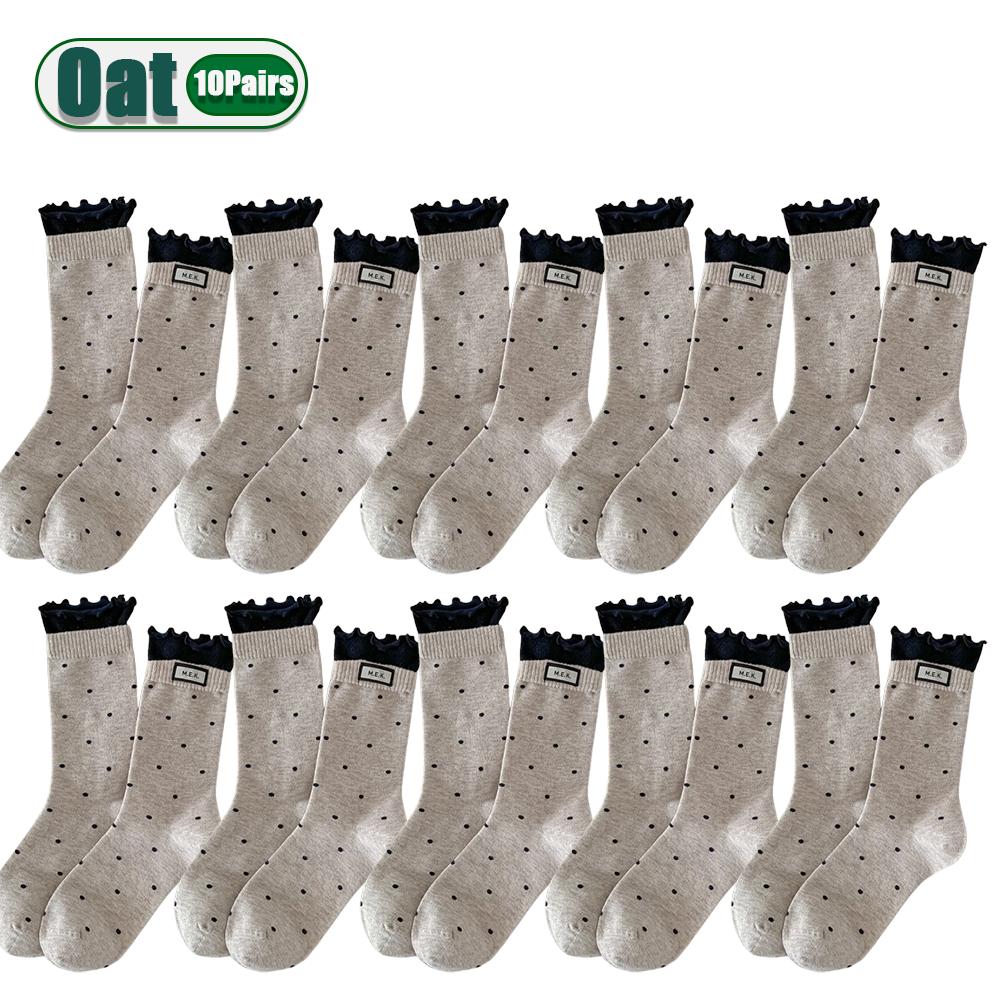Women Cotton Long Socks Soft Breathable Cute Dots Frilly Edge Retro Preppy Style Comfortable Casual Fashion Socks For Everyday
