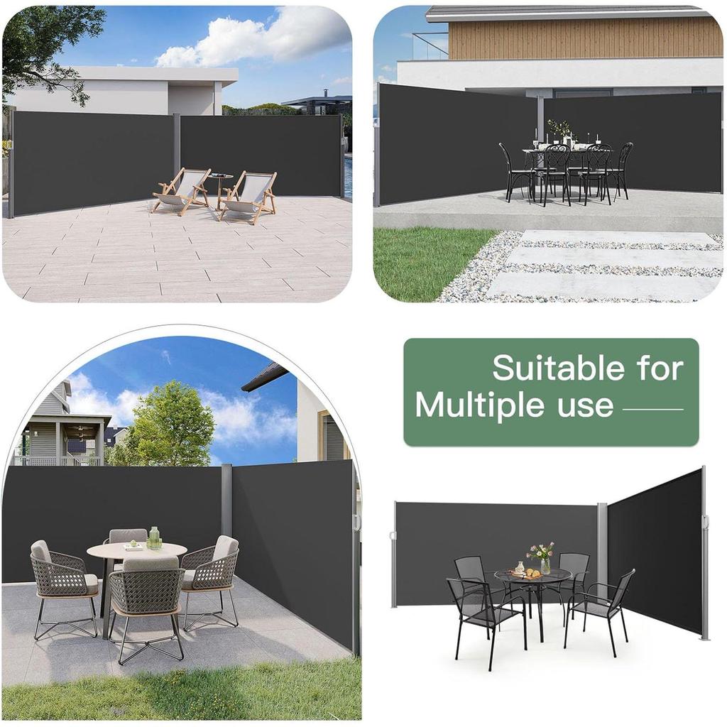 YODOLLA 350x160cm Doppelte ausziehbare Seitenmarkise, Wasserdichter faltbarer Sichtschutz & Raumteiler für Veranda und Terrasse, Grau