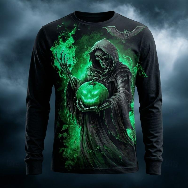 Men's Long Sleeve T-Shirt 3D Print Grim Reaper Pumpkin Bat Flame Halloween Gothic Crew Neck Casual Tops