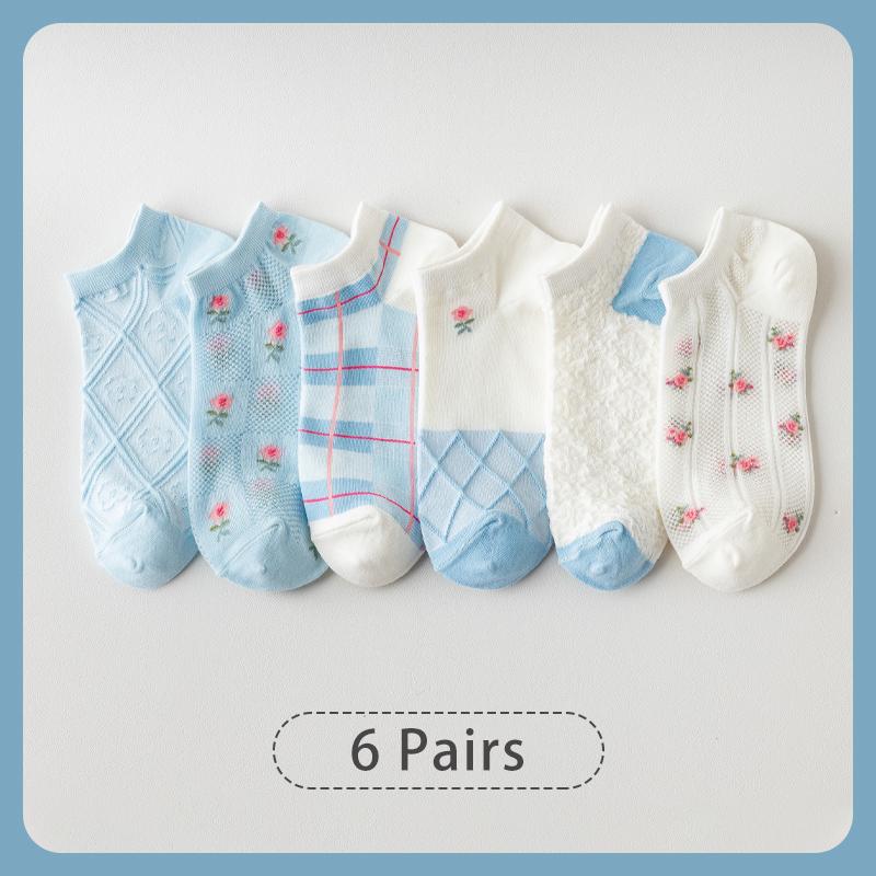 6 Pairs of Women Is Summer Thin Short Socks Sweet Cute Breathable Mesh Comfortable and Small Floral Fragments