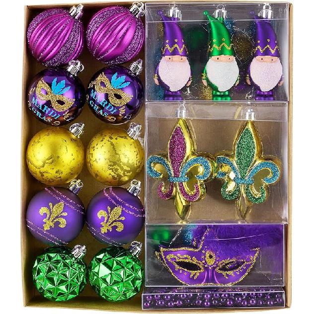 DecorbyHannah 40ct Mardi Gras Ornaments Decorations, Purple Green Gold Ornaments Set with Carnival Masks and Mardi Gras Beads, Shatterproof Ornaments