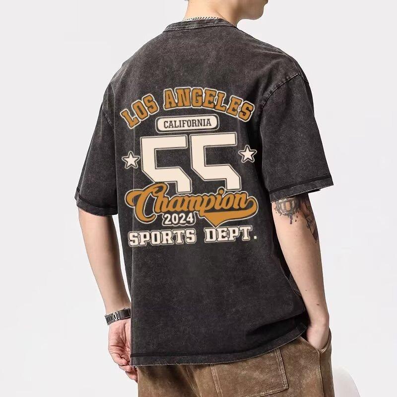 

Men s Retro Vintage Washed Printed Short Sleeve T-Shirt Hong Kong Style Plus Size Casual Street Sports Loose Top 5XL сірий колір