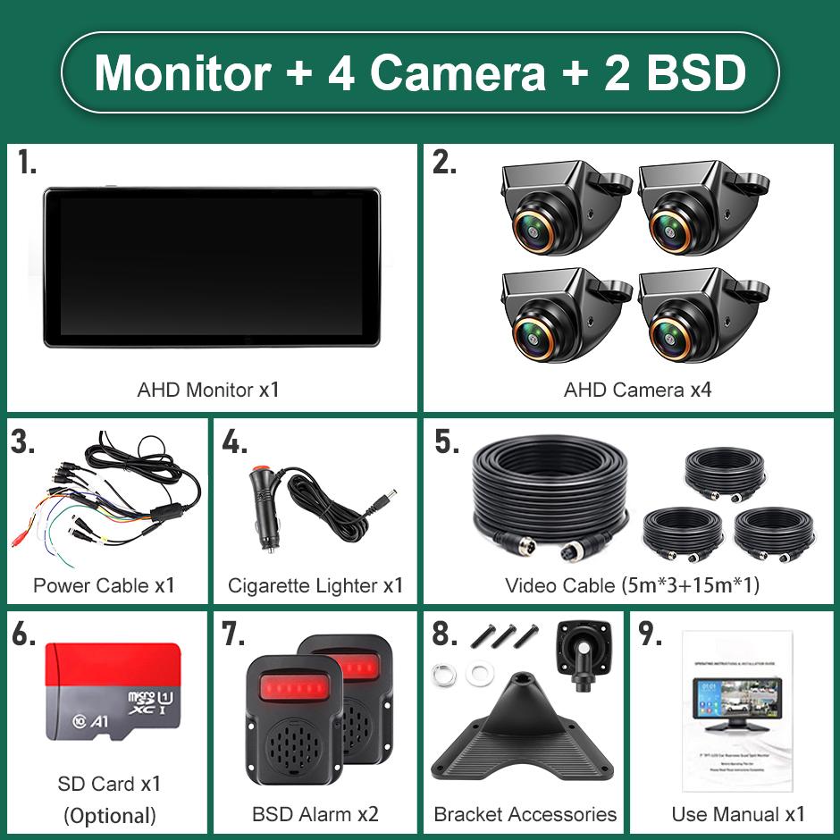 Blind Spot 10.36 Inch IPS Touch Screen WiFi Wireless Apple Carplay Android-Auto 4CH Record DVR Monitor With Mini AHD1080P Camera