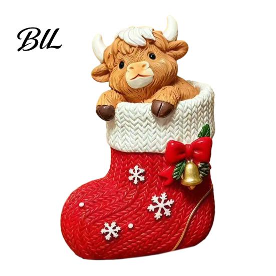 Festive Room Decorations Christmas Highland Cow Stocking Figurine, Xmas Tree Cattle Resin Desktop Decor Statue, Animal Sculpture for Holiday