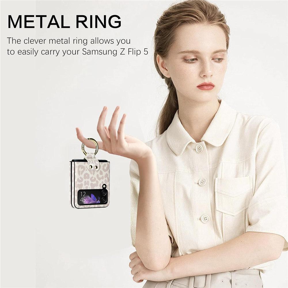 Leopard Print Ring Phone Case For Samsung Galaxy Z Flip 7 6 Flip 5 Flip 4 3 Rhombic Leather Cover Coque