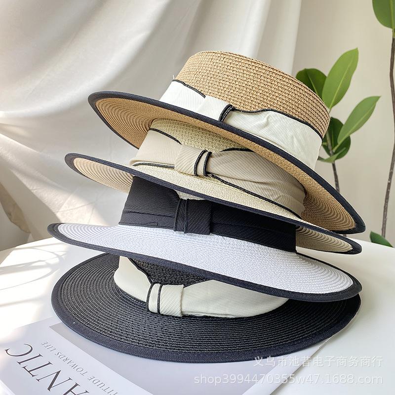 French Flat Top Straw Hat Children's Summer New Straw Top Hat Seaside Sunshade Sunscreen Hat Beach Sun Hat