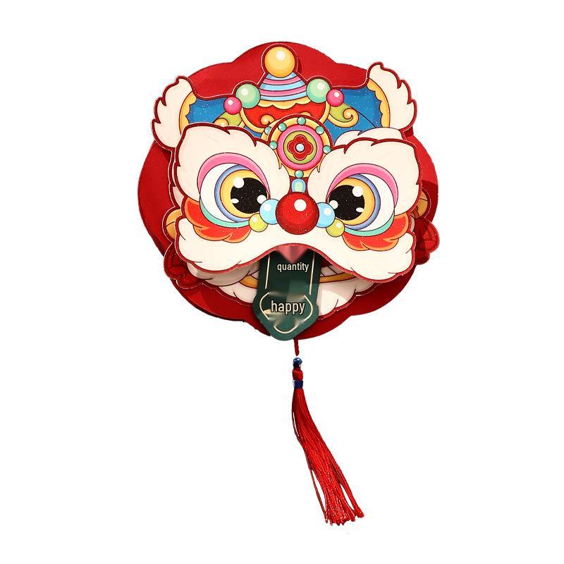 Folding Red Envelope for 2026 Year of the Horse - Waking Lion Design with Card Slot, Chinese New Year Pull-open Gift Bag