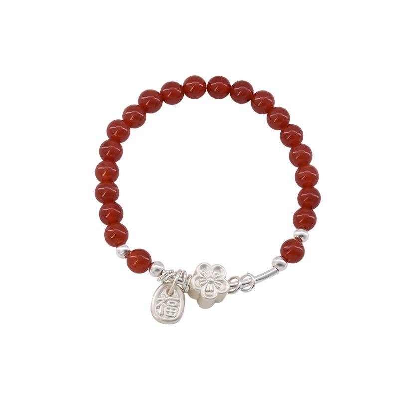 VENTFILLE 925 Sterling Silve Red Agate Bracelet for Women Flower Pendant Lucky Bead Originality Jewelry Gift Dropshipping