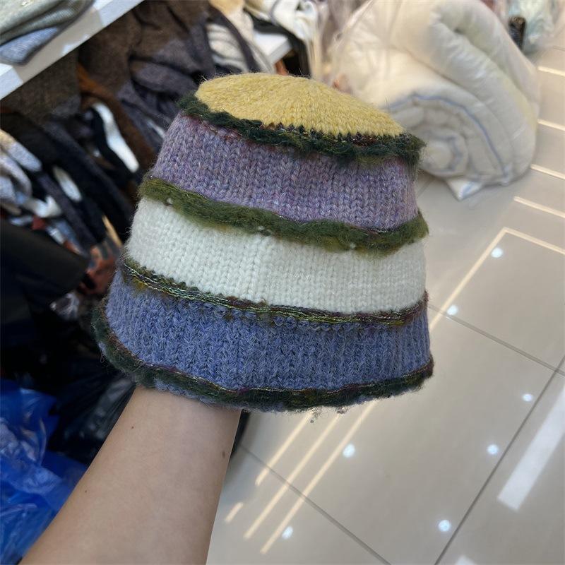 New Fashionable Contrasting Color Horizontal Striped Wool Blended Bucket Hat Women's Winter Face Small Warm Fisherman Hat