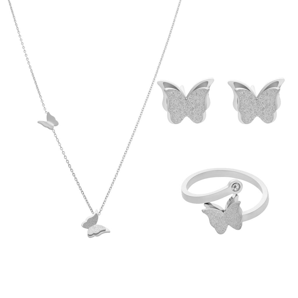 Butterfly Stud Earring Rings Necklace In 18k Gold Plated Stainless Steel Chain Necklaces Matching Ring Ear Studs For Women
