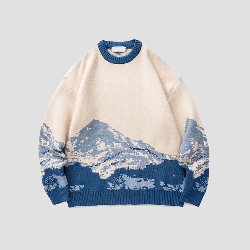 Autumn/Winter Tie-Dye Snow Mountain Men's Loose Knit Sweater, Trendy Hong Kong Style, Long-Sleeve Pullover.