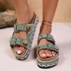 Women's Wide Width Bohemian Slides, Rhinestone Jute Platform Sandals, Ethnic Beach Slippers for Women