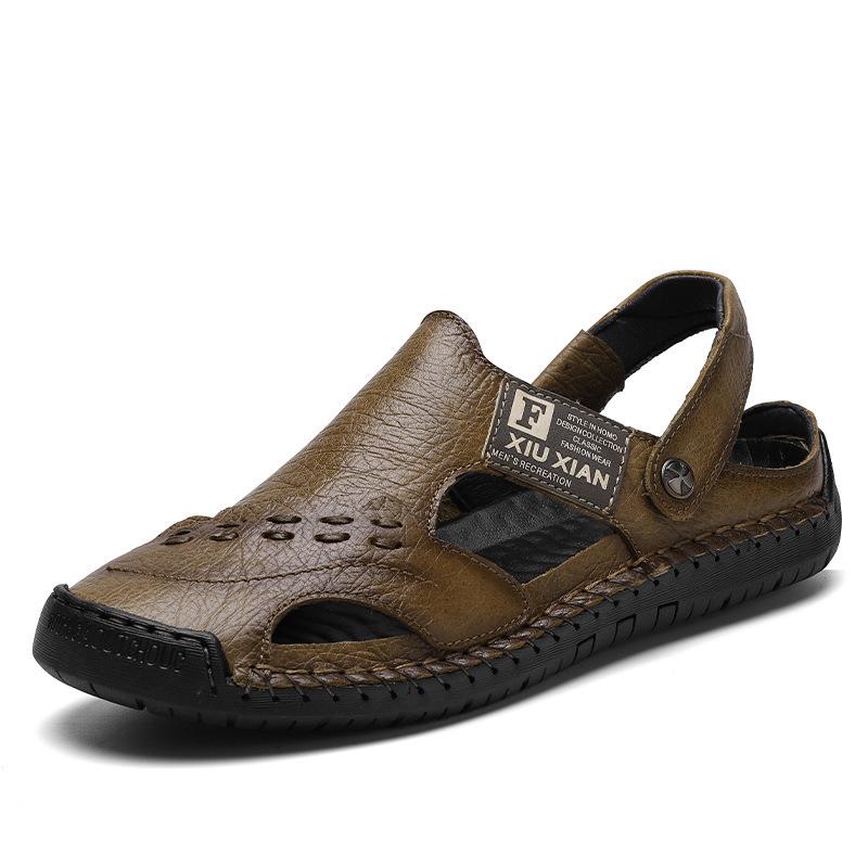Men's Genuine Leather Cut-Out Toe Summer Sandals - Comfortable, Breathable, and Versatile for Outdoor Wear