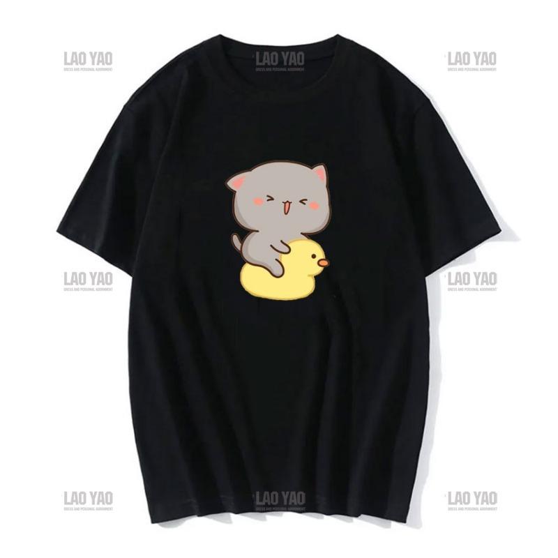 Słodka brzoskwiniowa kotka z kreskówkową parą nadrukowaną koszulką unisex szara wysłana kwiaty do brzoskwiniowej koszulki nowy styl miłośnicy ubrań casualowa koszulka