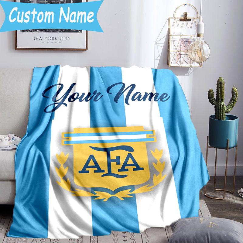 Custom Name Argentina Football Crest Flannel Blanket, Use for Birthday/Holiday Gift, Soft Blanket for Sofa/Bed/Camping/Office, Home Decor