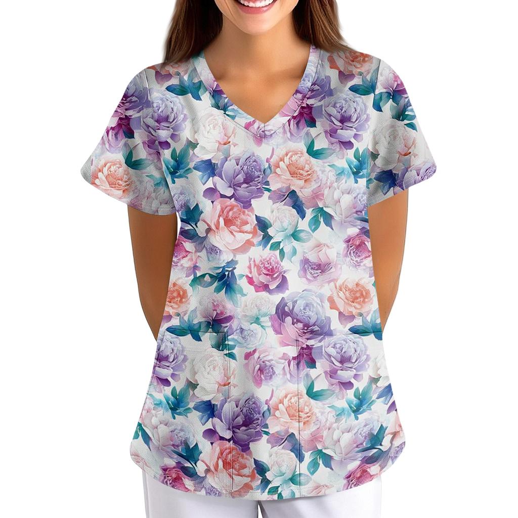 Women's Short Sleeve V Neck Vintage Floral Print Pocket Nurse Scrub Top Medical Uniform Shirt for Healthcare Professionals