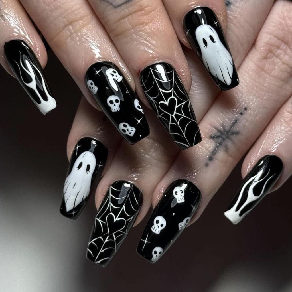 Hot Halloween Wearable Nails: Spiderweb, Heart, Rhinestone, Ghost, Stars & Moon Designs, Removable Fake Nails