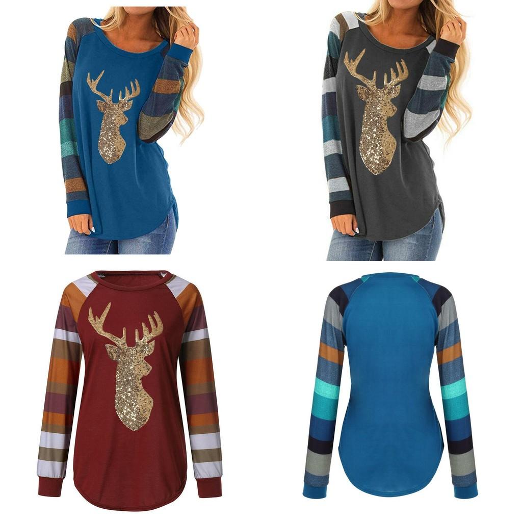 Festive Womens Christmas Tops With Sparkling Sequin Reindeer Long Sleeve Design