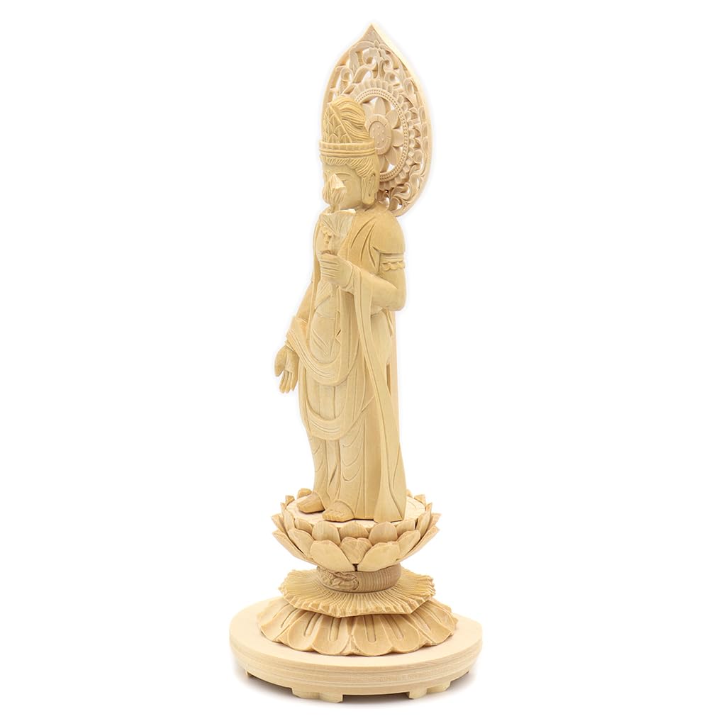 special Buddhist statue Seikannon inches height 23 width 9 depth carved cypress wood with a jeweled halo and round base 8114 Kurita's [Bodhisattva]