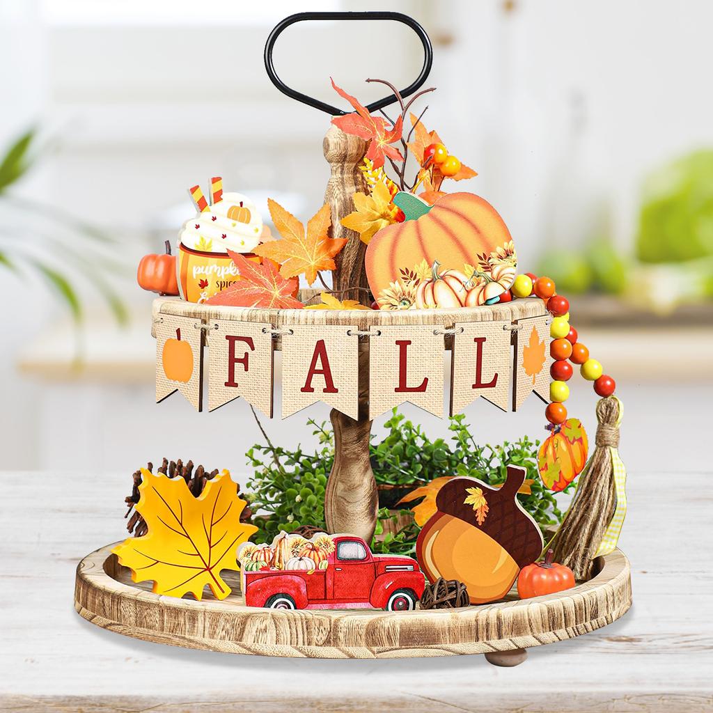 Thanksgiving Wooden Layered Tray Decorative Crafts Fall Pumpkin Maple Leaf Truck Farmhouse Party