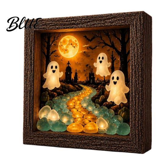 Gothic Shadow Box Night Light DIY Lighted Halloween Ghost Kit Wooden Frame LED Warm Light 3D Picture Craft Kit Memory with Crystal Glass Panel,