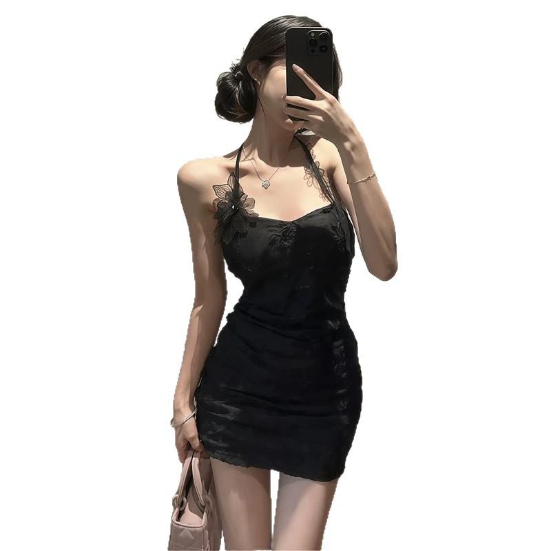 French Pure Lace Flower Neck Sling Dress Women's High-end Birthday Slim Dress Hip Wrap Short Skirt