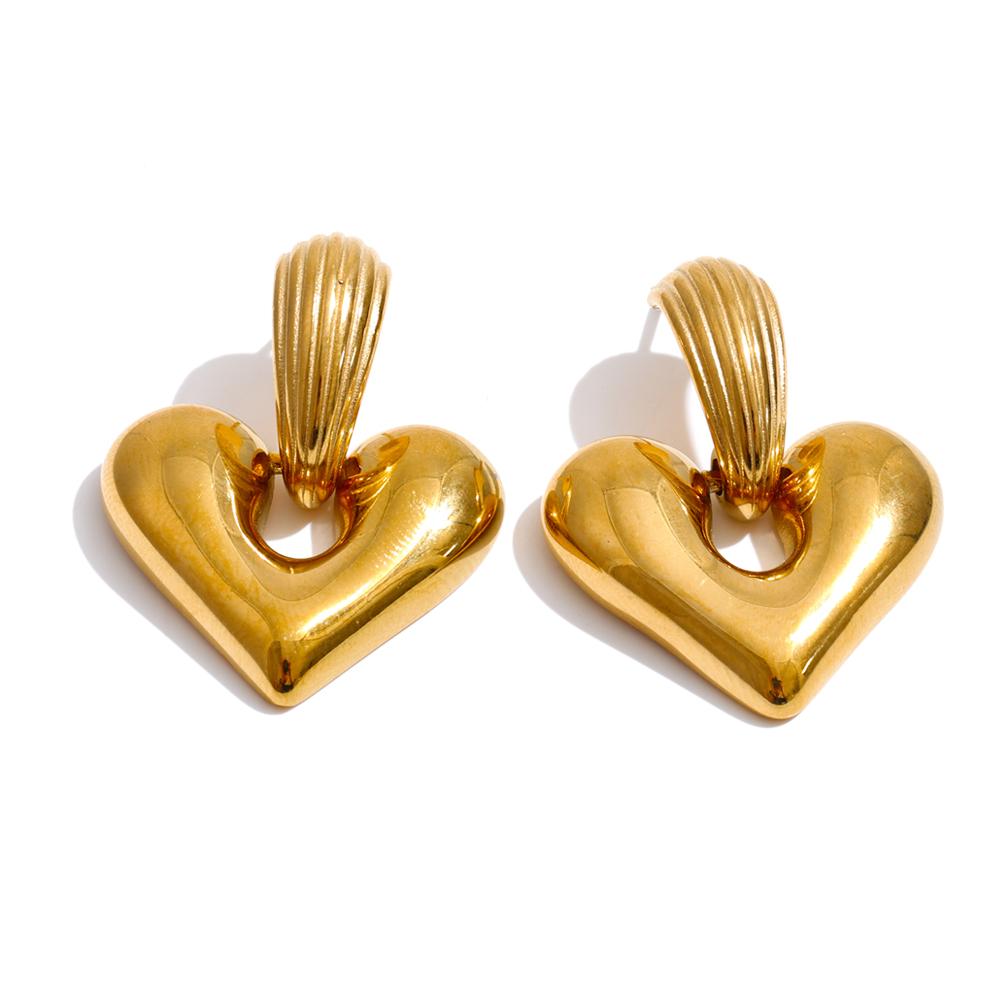 Yhpup Stainless Steel Metal Heart Earrings Handmade Polished High Quality 18K Gold Color PVD Plated Waterproof Textured Jewelry