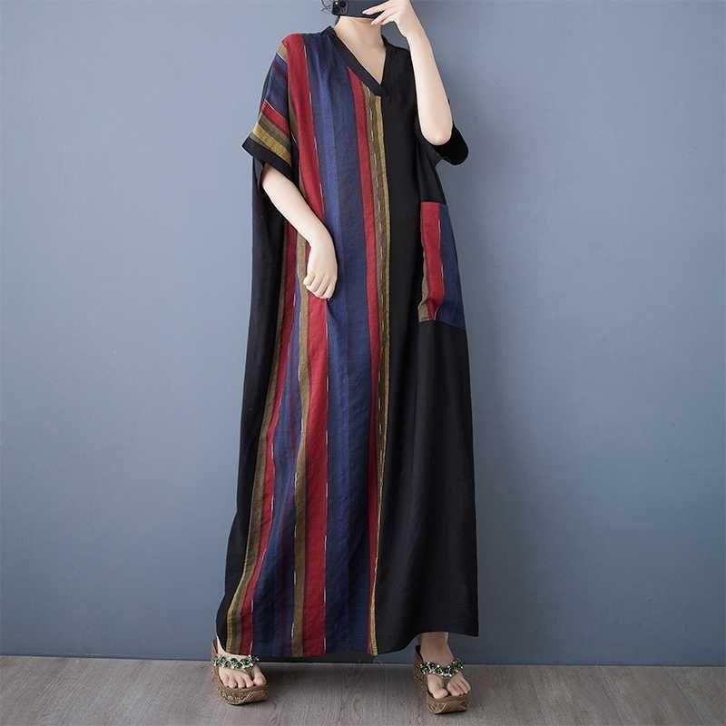 The Real Shot Is Summer New Fat and Thin Cotton and Linen To Cover The Belly and Look Short-sleeved Contrasting Color Splicing Long Dress for Women