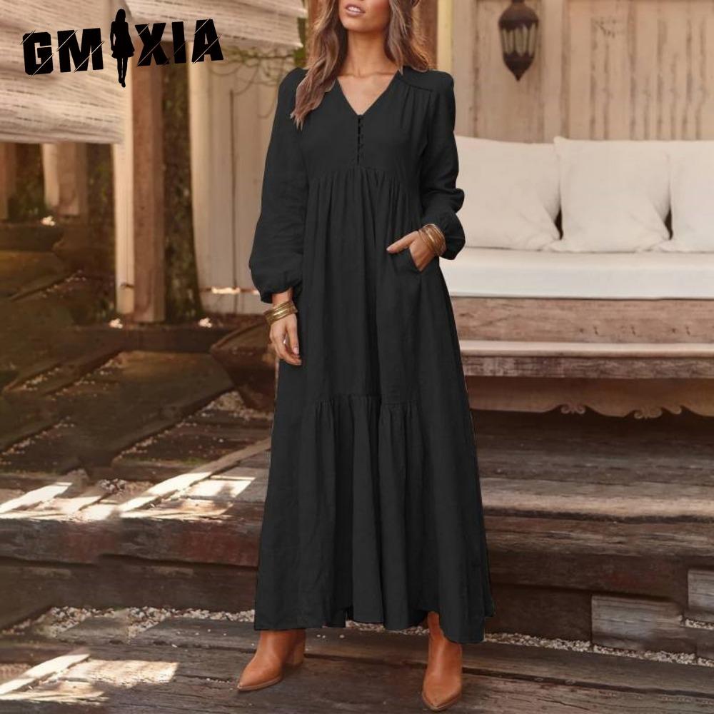 GMXIA Women's Cotton Maxi Dress Long Sleeve Ruffle Pocket V Neck