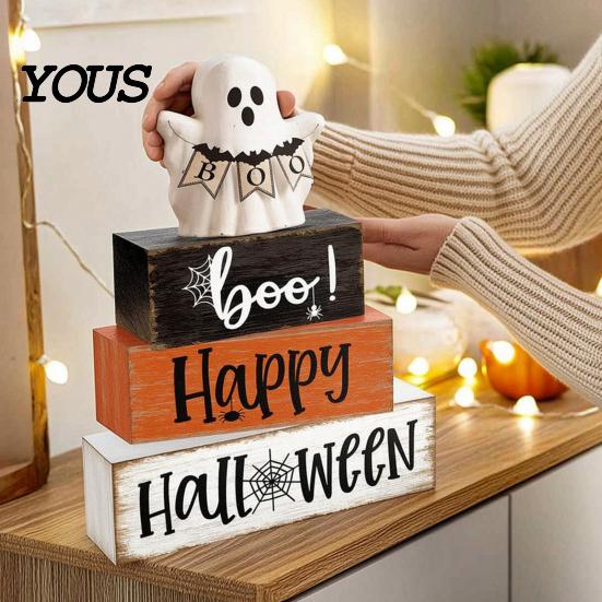 Indoor Fall Home Accents Halloween Ghost Decoration, Wooden Sign Tiered Tray Ornament, Farmhouse Scenery for Shelves Tabletop Centerpiece Coffee
