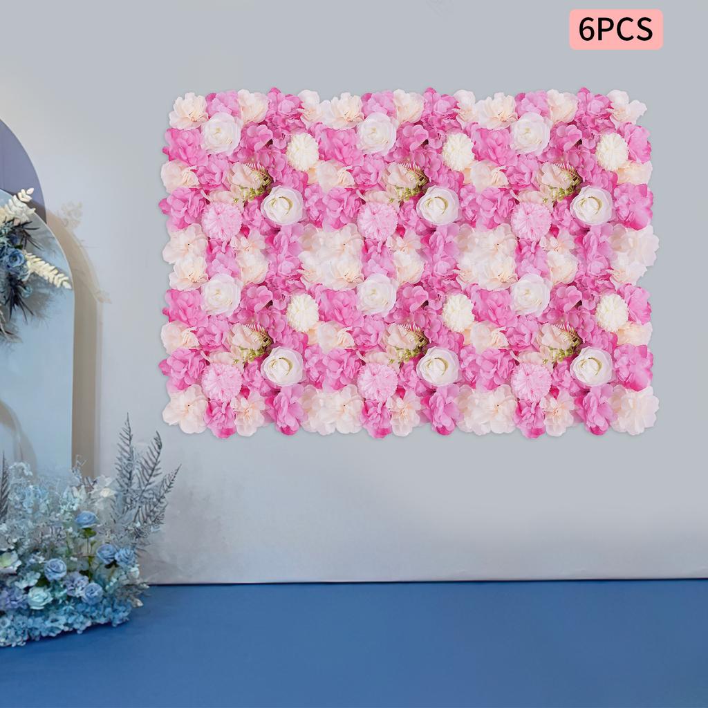 6Pcs Artificial Flower Wall Panels, 15x15In 3D Rose Hydrangea Dahlia Floral Mat, Pink White Faux Flowers for Wedding, Home Decor