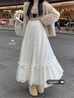 Plus Size Women's White Lace A-line Fluffy Skirt - Spring/Autumn Gentle Style