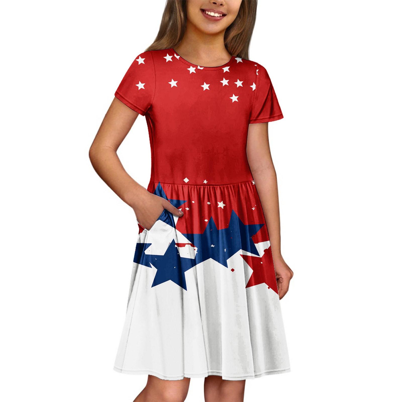 

Летнее платье для девочек, однотонное платье без рукавов с принтом и карманом, повседневное платье, вечернее платье с короткими рукавами 140 красный