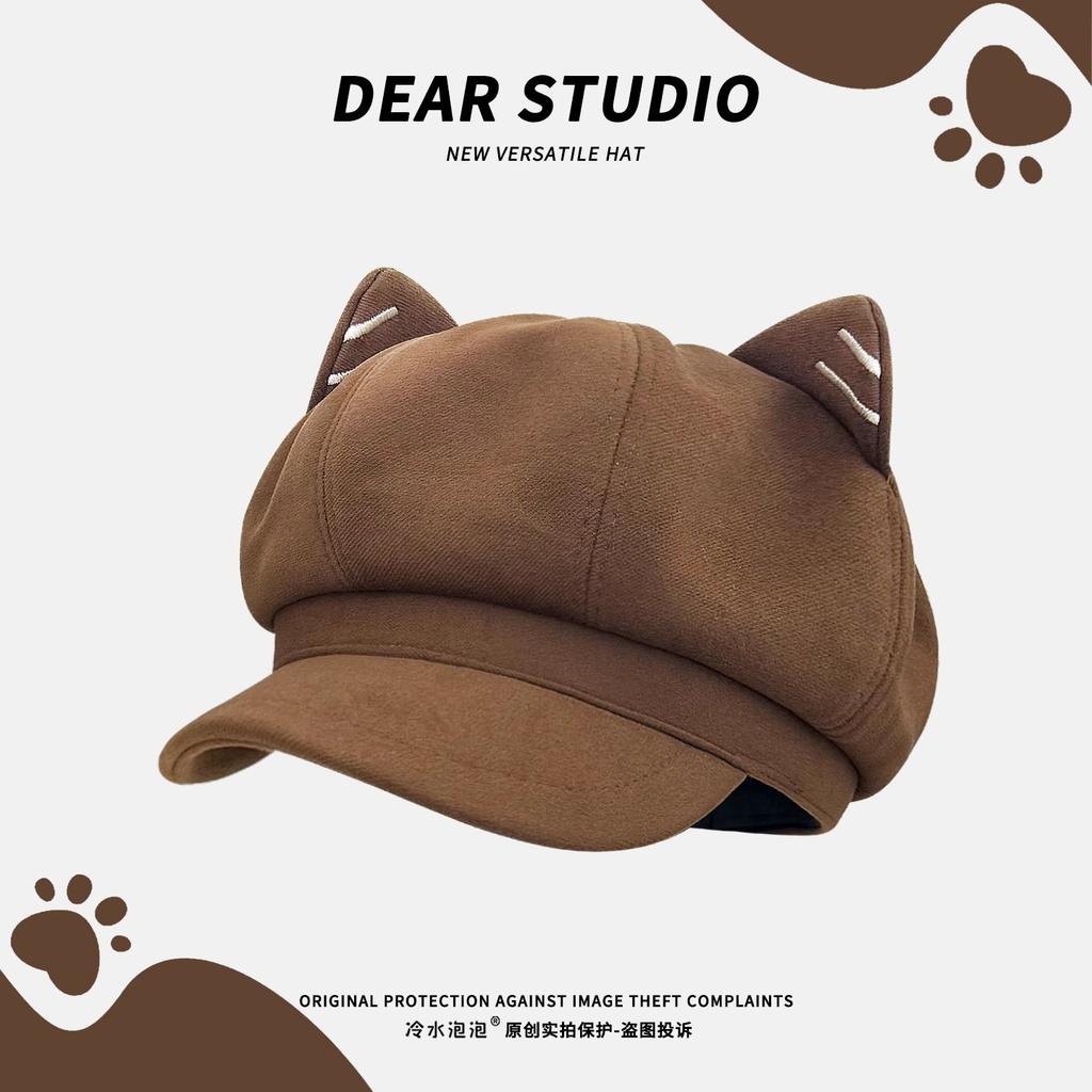 Boina de gato fofa de lã japonesa feminina versátil para primavera e outono chapéu de jornaleiro bico de pato chapéu octogonal moda