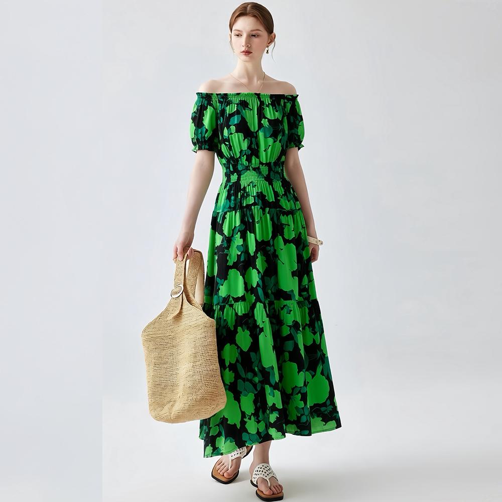 Bohemian Cotton-Silk Floral Printted Off-the-Shoulder French-Style Summer Dress for Women Ethnic-Style Elastic Waistband Pleayed Long Dress