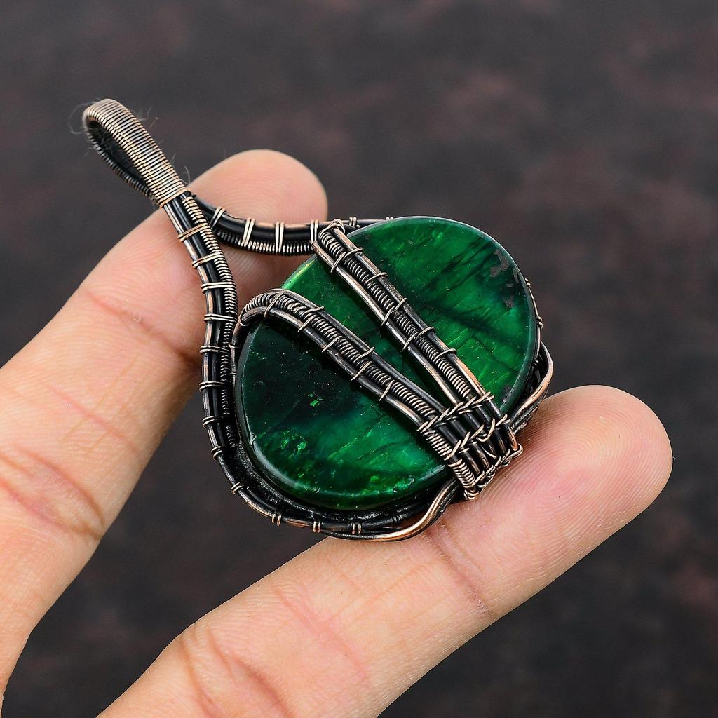 Green Fire Labradorite Pendant Copper Wire Wrapped Gemstone Jewelry Dainty Copper Pendant Handmade Jewelry Wire Wrap Pendant Gift For Mother