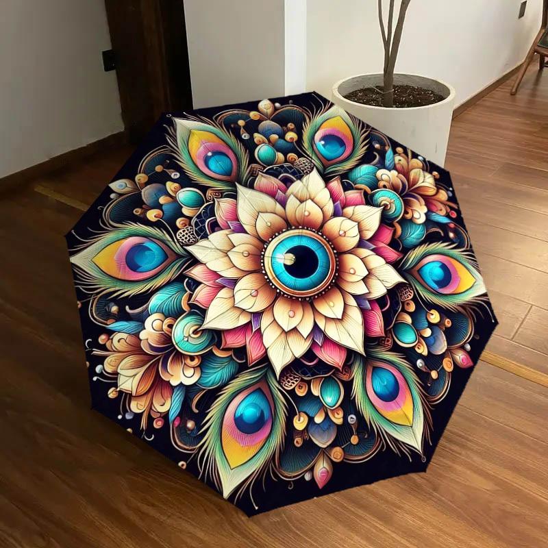 1pc Peacock Feather Mandala Artwork Umbrella with Plastic Handle,Suitable for All Seasons Home Travel Outdoor UmbrellaDD1487
