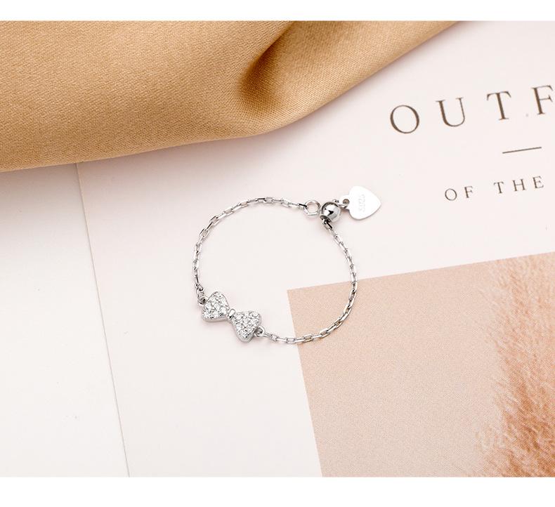 925 Sterling Silver Adjustable Bow Chain Ring for Women - Light Luxury, Niche Cold Style.