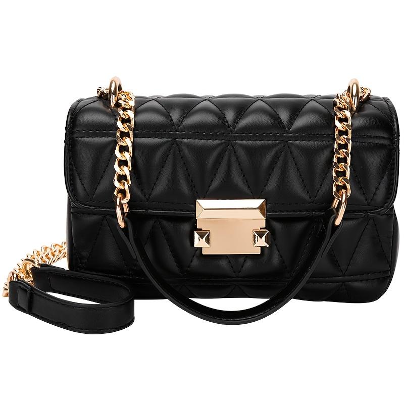 Chic Quilted Diamond Chain Crossbody Bag for Women Elegant Purse with Golden-Tone Hardware, Black, Retro Style, Fixed Shoulder Strap, Embossed Design