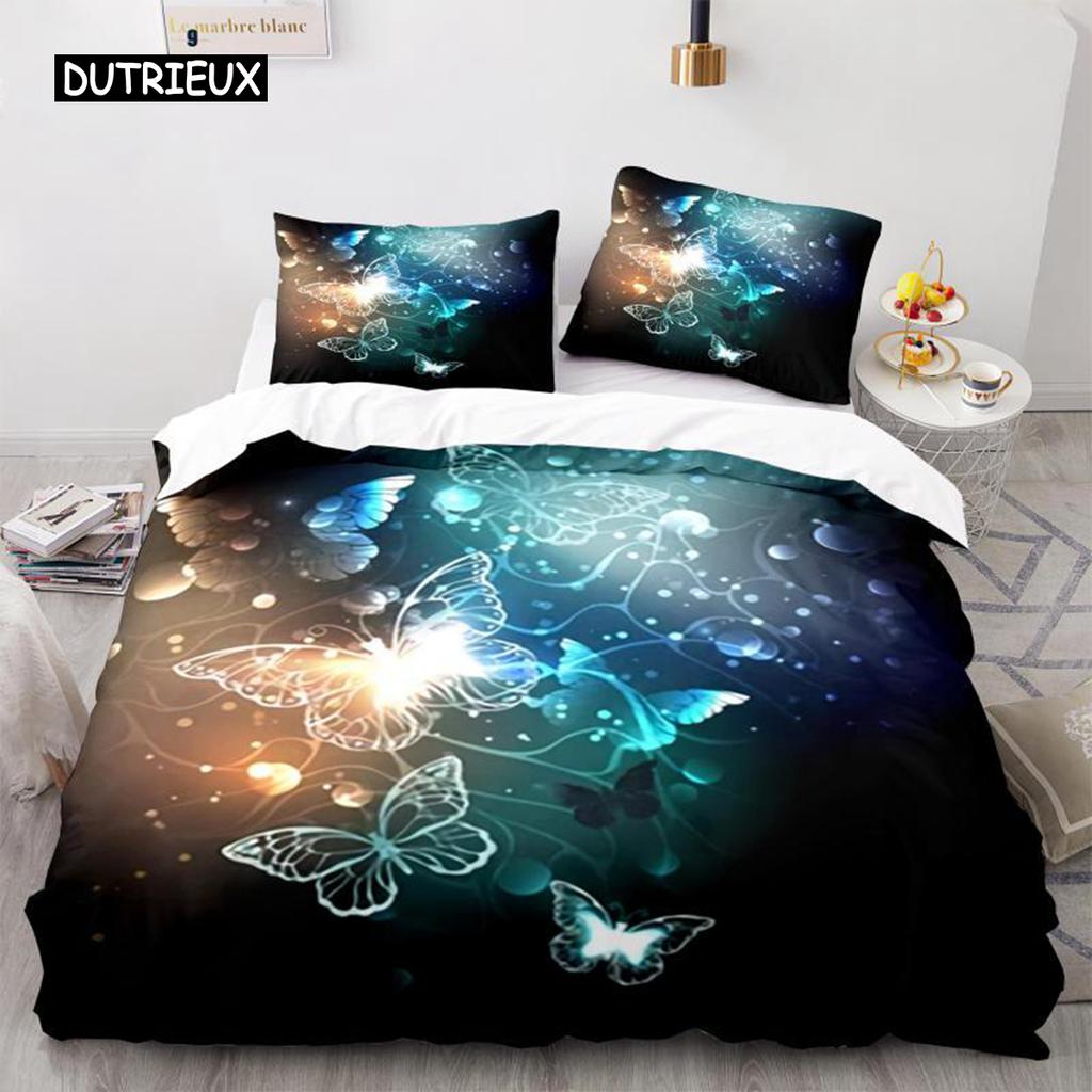 Butterfly Duvet Cover Set 3D Galaxy Purple Butterfly Floral Printed Bedding Set Fantasy Theme King Size Comforter Cover for Girl