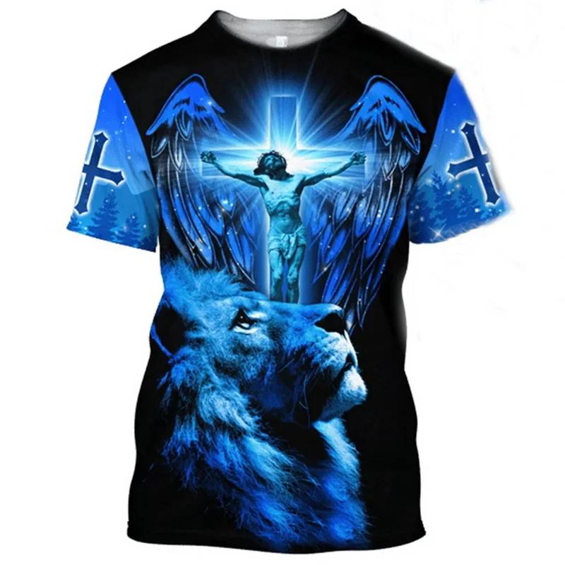 Löwe Jesus Muster T-Shirt Für Männer Retro Rundhals Kurze Ärmel Oberteile 3D Gedrucktes Christliches T-Shirt Sommer Locker T-Shirts