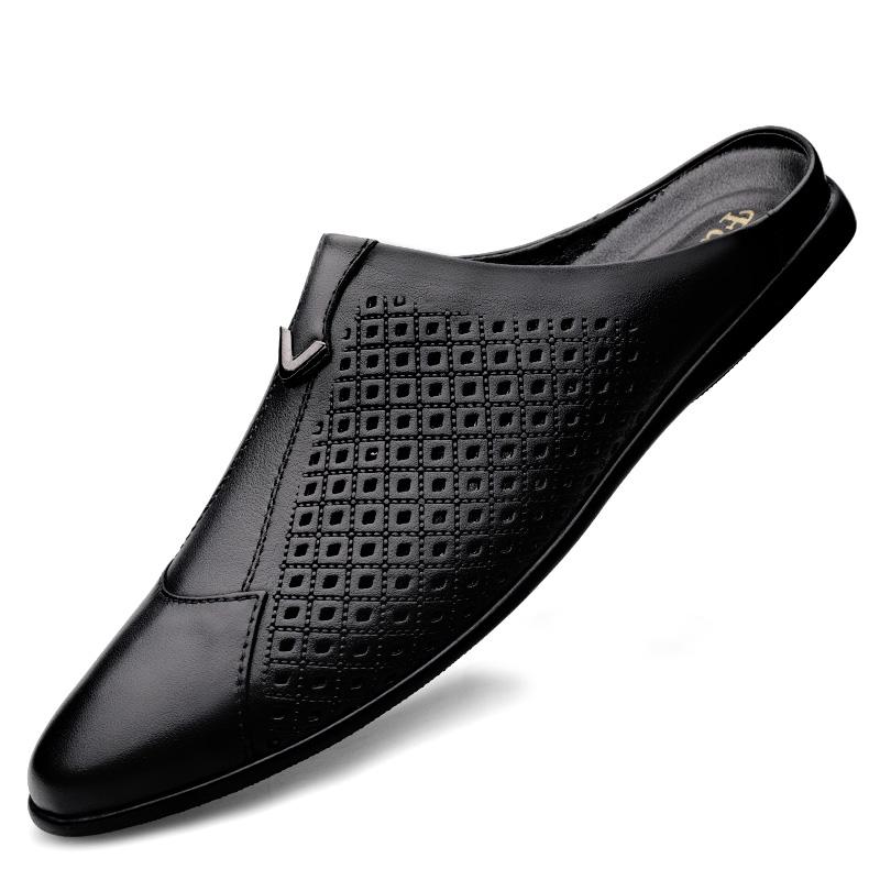 Fashion Italian Mens Slippers Genuine Leather Muller Shoes Men Loafers Outdoor Non-slip Black Casual Half Slipper Men Fashion Shoes Man