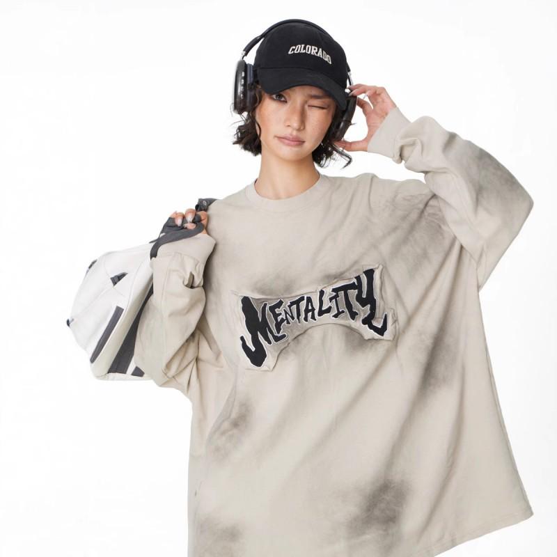 Vintage Washed Graffiti Long Sleeve T-Shirt Unisex Oversized Streetwear Top Cotton Casual Fall