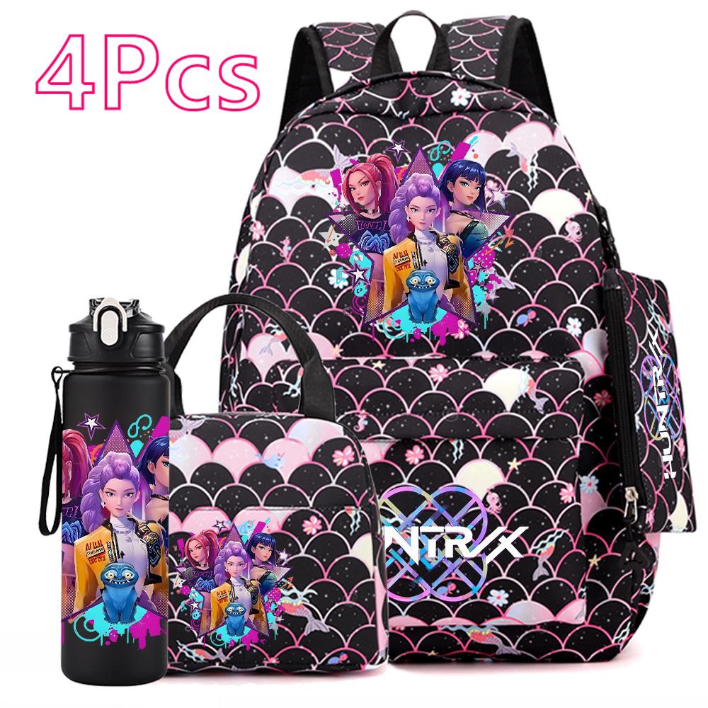 4 Adet/set KPOP Sırt Çantası El Çantası Kalemlik 750Ml Matara Genç Erkek Kız İçin Büyük Kapasiteli Kitap Çantası Karikatür Baskılı Okul Çantası Mochila