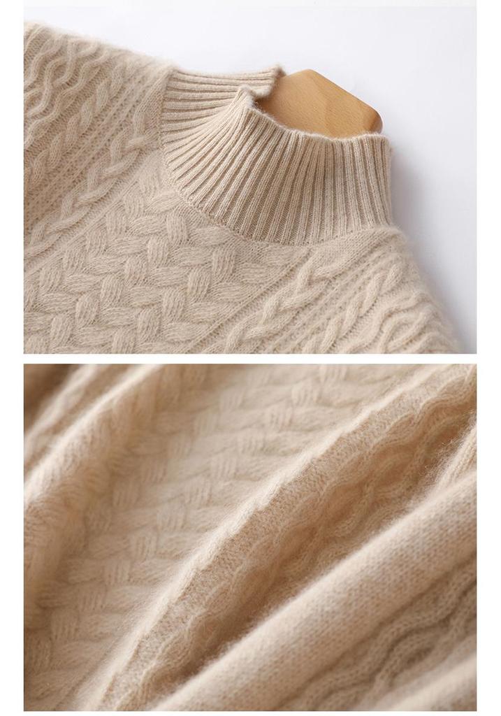 Women's Thick Basketweave Knit Pullover - Autumn/Winter, Half-High Neck, Long Sleeve, Elegant Base Layer.