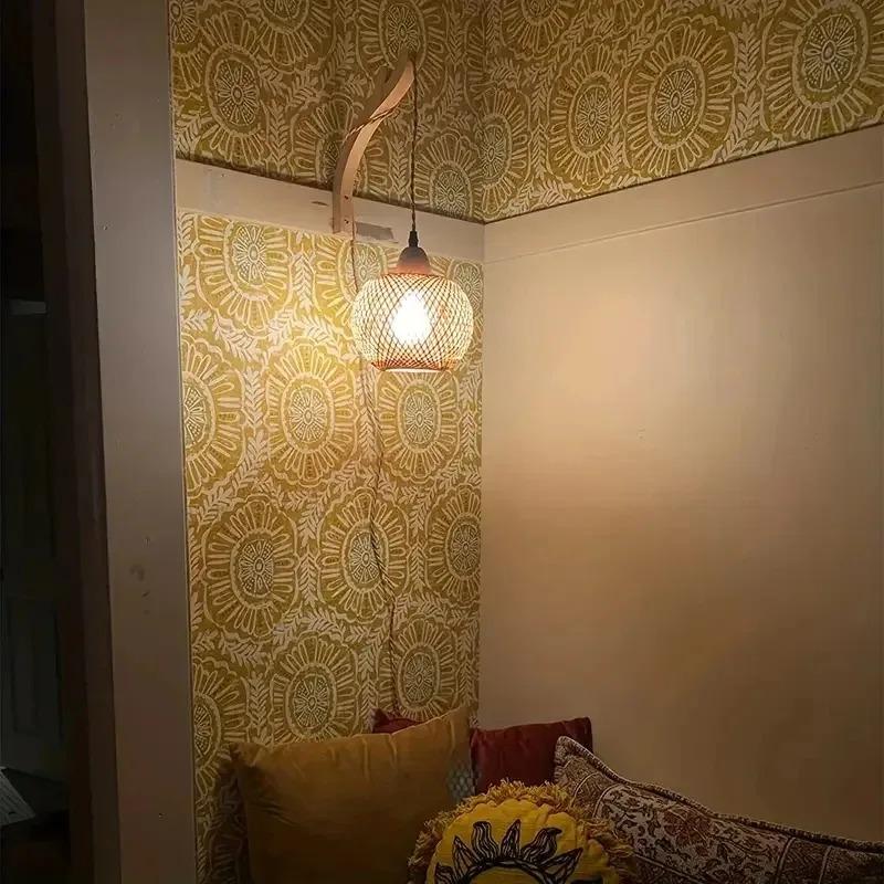 Bamboo Wall Light Fixtures Pendant Ceiling Light Hand-Woven Lustre Wall Lamp Hand Knit Braiding Suspended Home Dining Room Decor