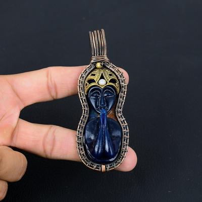 Unique Blue Praying Lady Gemstone Pure Copper Wire Wrapped Handmade Pendant Jewelry