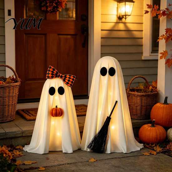 Rustic Plaid Bow Decor 2 Pcs Spooky Ghost Halloween Decoration, Cute Standing with Broom Farmhouse Tabletop Ornaments And Pumpkin for Indoor