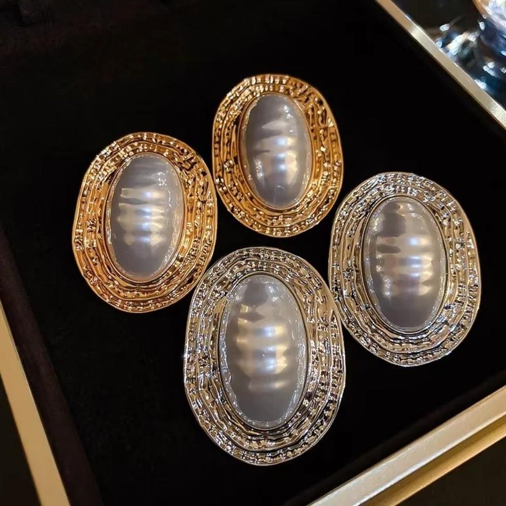 Vintage Oval Metal Pearl Earrings Imitation Geometric Exaggerated Earrings  Party Accessories