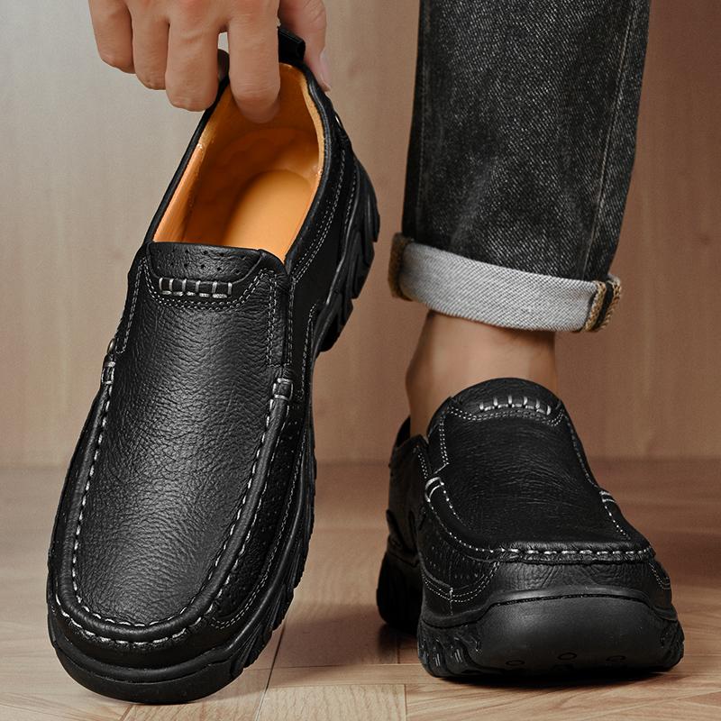 Fashion Handmade Men's Slip-On Loafers Hands-Free Casual Dress Shoes Durable Genuine Leather Non-Slip Rubber Sole Comfortable Footwear